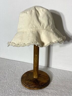 Cream Canvas Distressed Frayed Edge Bucket Hat Festival Retro 90s Boho Preppy
